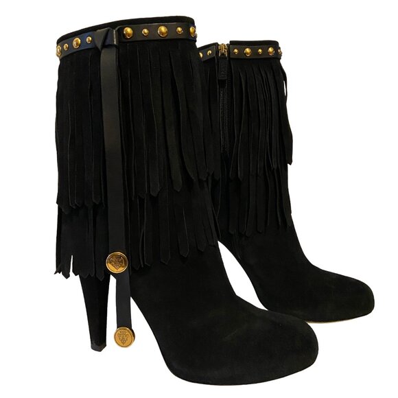 GUCCI “DEVANDRA” BLACK SUEDE FRINGE HIGH HEEL BOOTS BOOTIES SIZE 42 IT 12 US - Picture 4 of 13
